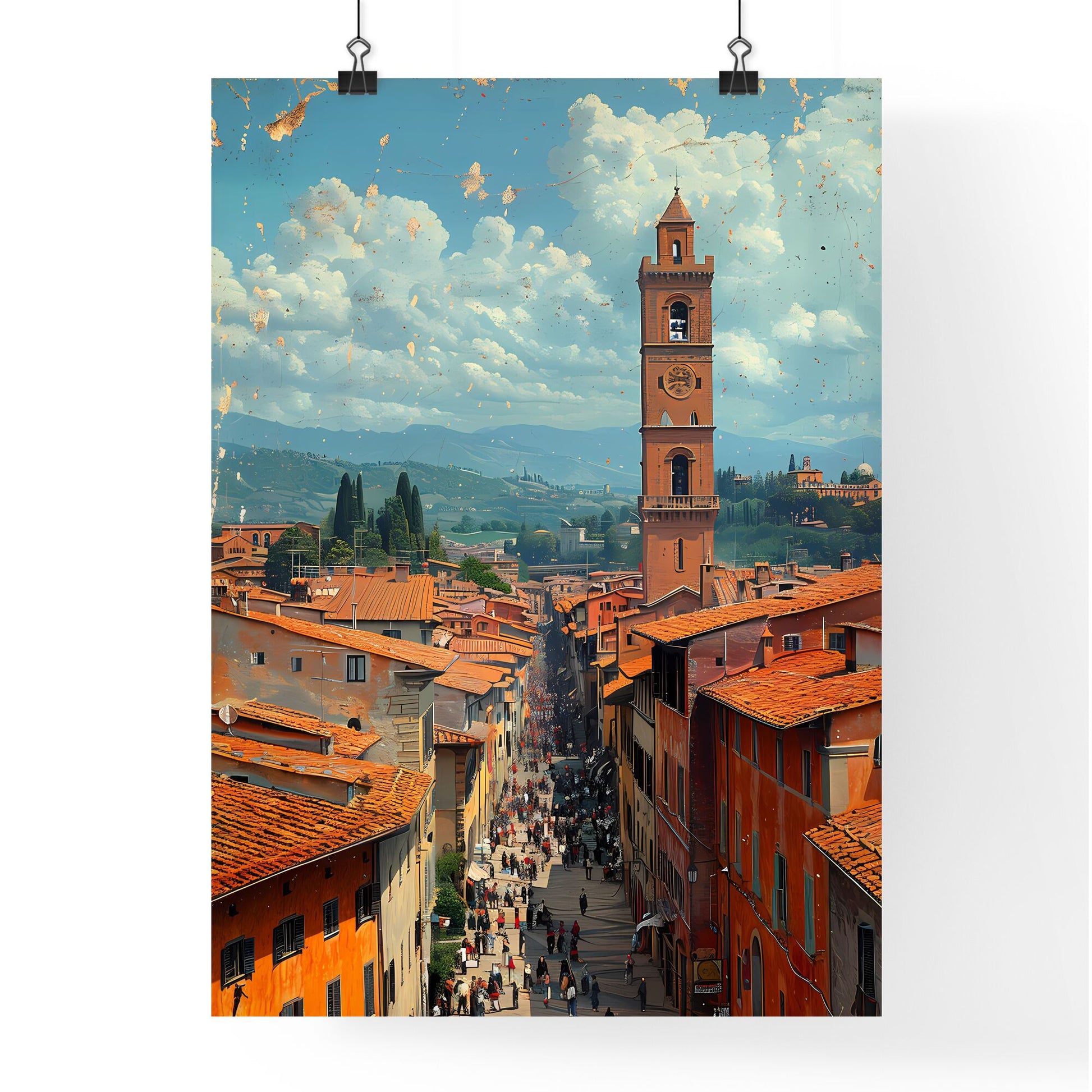 14th Century Italian Florence Street Scene Depicting Bustling Market Activity and Tower Default Title