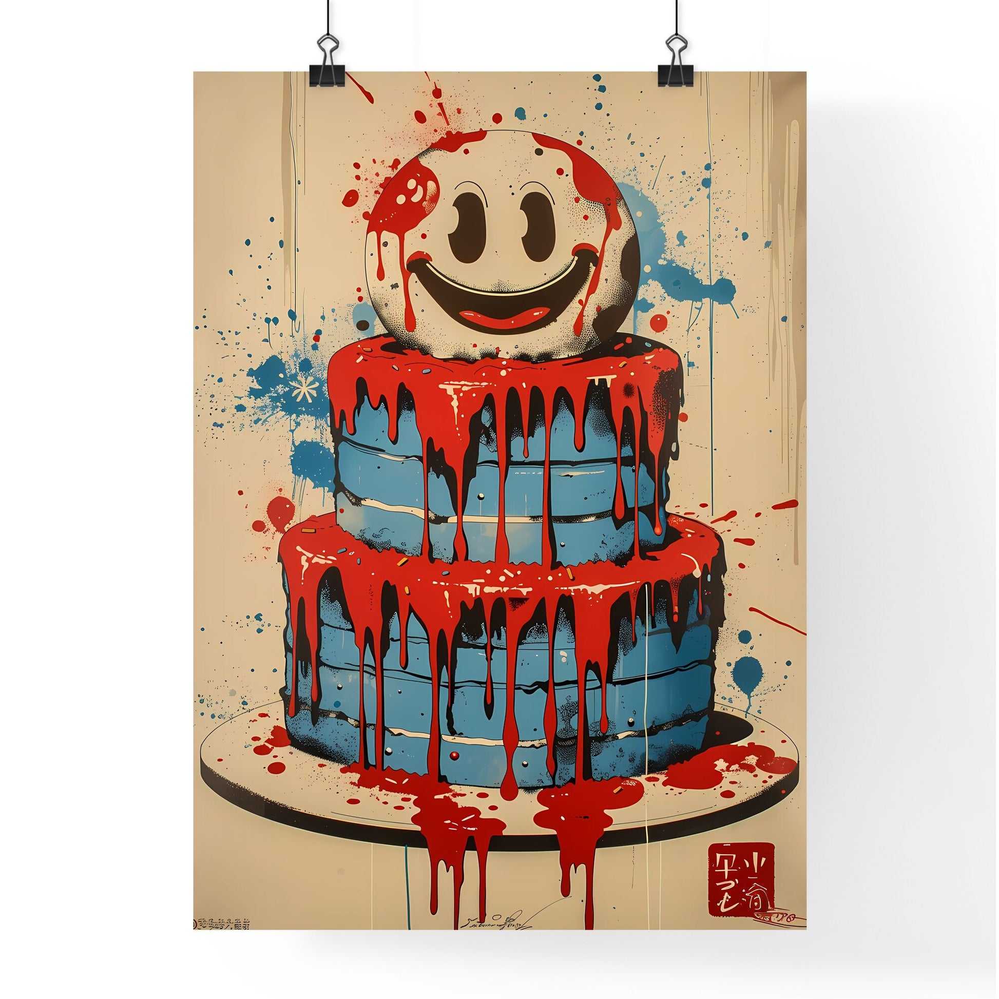 1960s Japanese Pop Art Wedding Cake Character in Vibrant Colors - Retro Vintage Poster with Acid Smiley Symbol and Simple Background Default Title