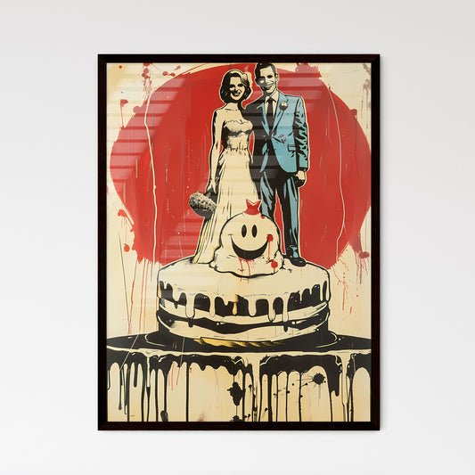 Colorful 1970s Pop Art Wedding Poster: Retro Bride and Groom on Cake, Acid Smiley Background Default Title
