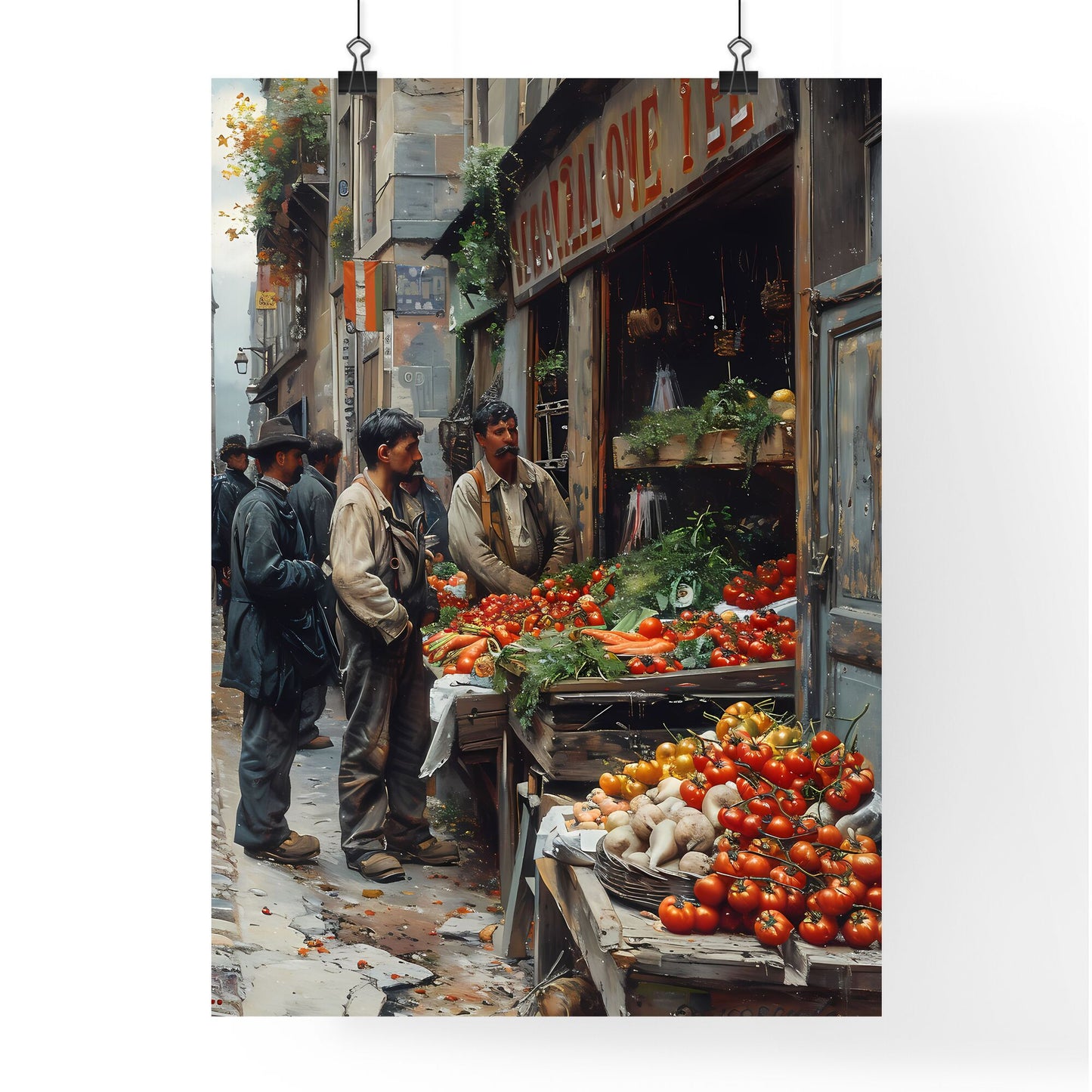 19th Century French Paris Market Street Scene, City Life, Painting, Art, Market View, People Come and Go, Vegetable Stand, Men Default Title