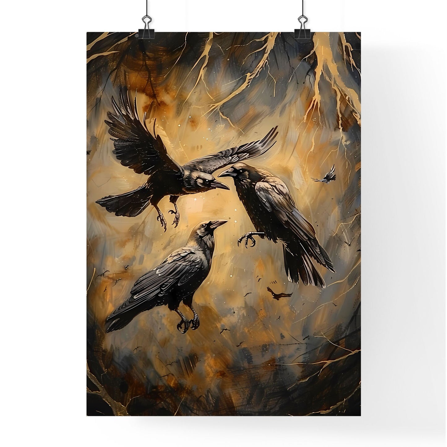 Artful Depiction of Birds in Flight: Vibrant Painting of Crows Battling Mid-Air Default Title
