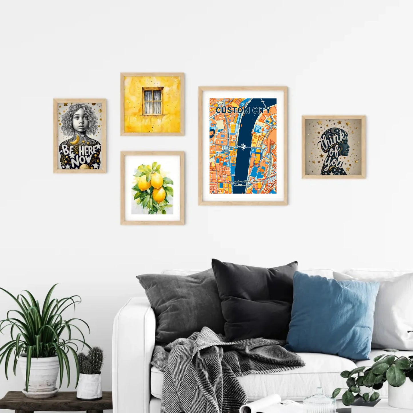 Custom City Map and Wall Art in Living Room