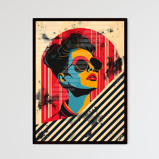 Pop Art Poster Depiction of a Vibrant 1980s Woman in Striped Sunglasses with an Op-Art Background Default Title