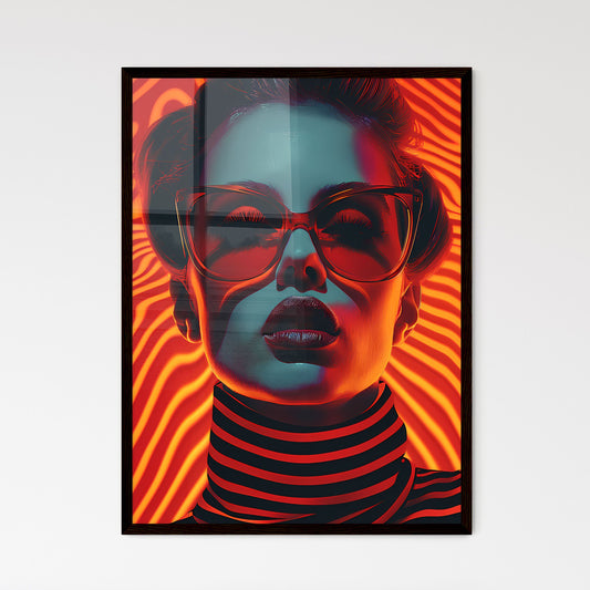 80s Op-Art Style Woman Portrait with Glasses and Striped Turtleneck, Vibrant Painting, Art Deco Inspired Default Title