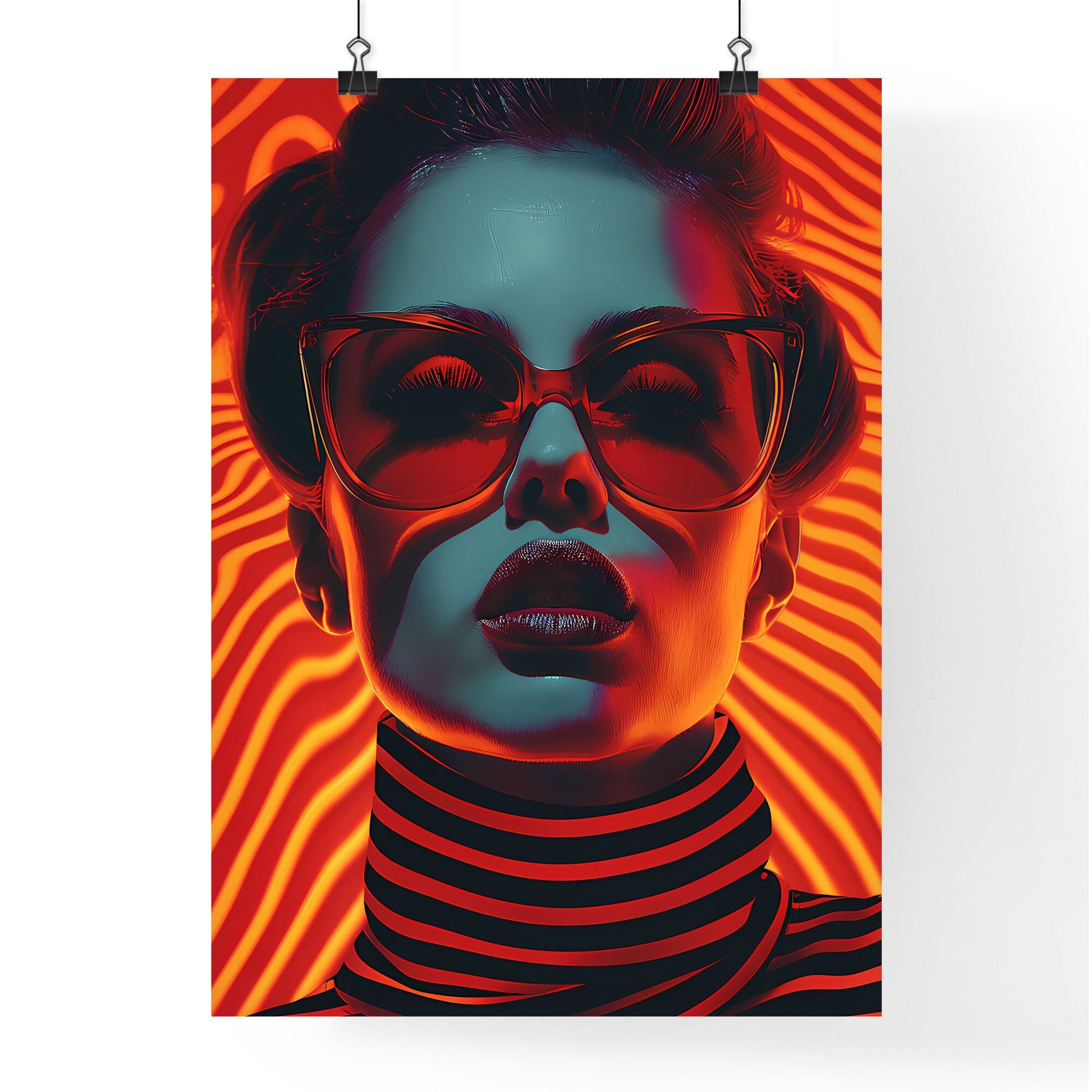 80s Op-Art Style Woman Portrait with Glasses and Striped Turtleneck, Vibrant Painting, Art Deco Inspired Default Title