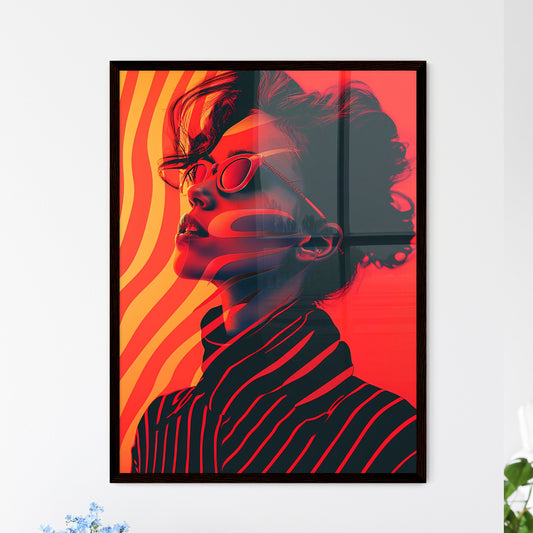 80s Op-Art Portrait: Vibrant Striped Woman with Sunglasses on Retro Painted Poster Default Title