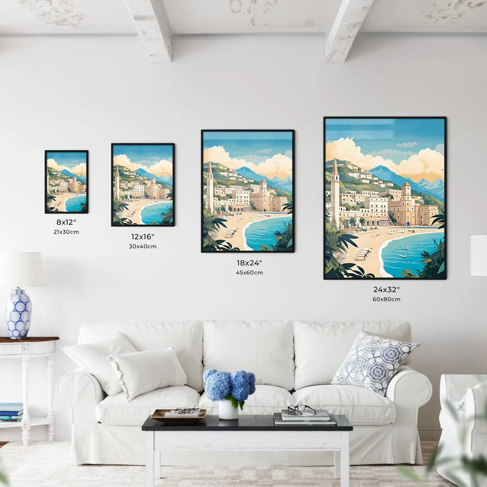 Beach With Buildings And Mountains Art Print Interior Design