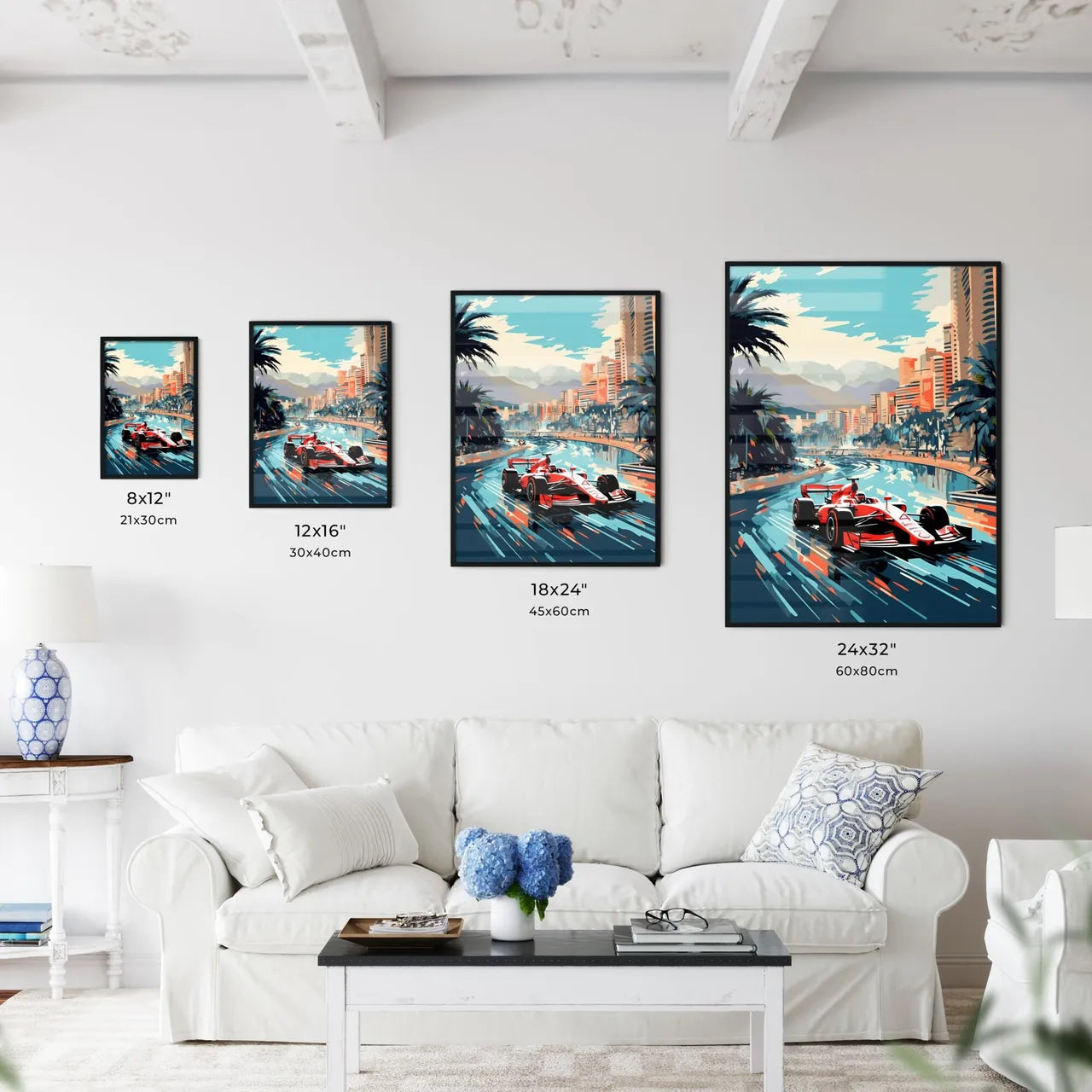 Race Car On A Road With Palm Trees And Mountains In The Background Art Print Interior Design