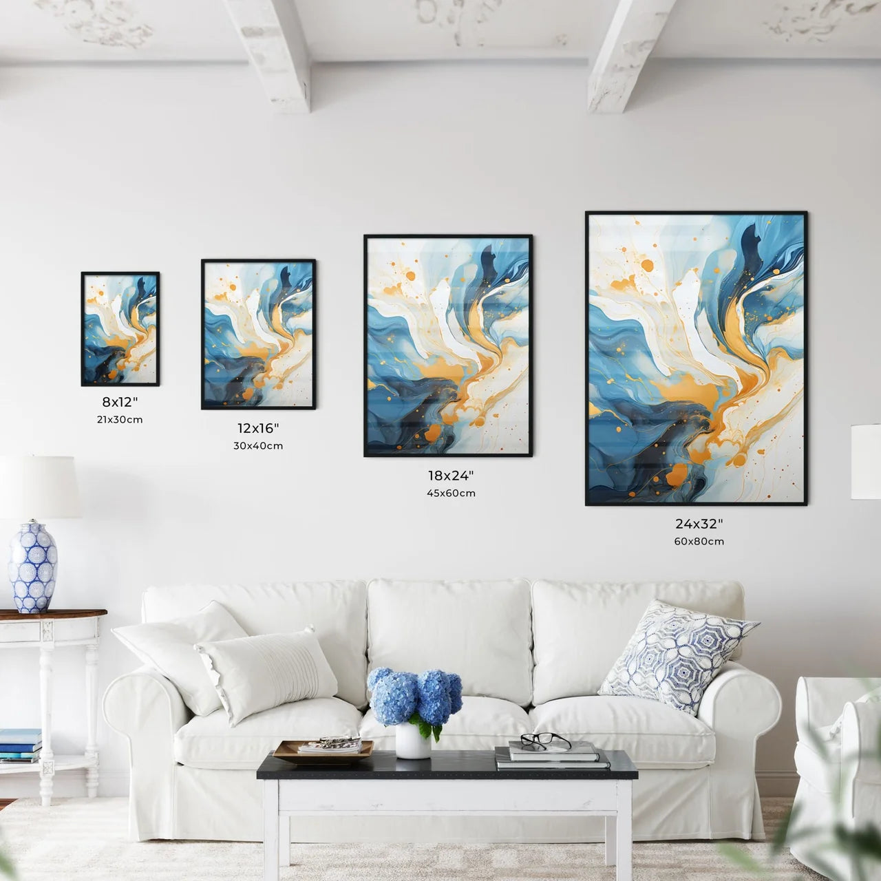 Blue And Gold Swirls On A White Surface Art Wall Art
