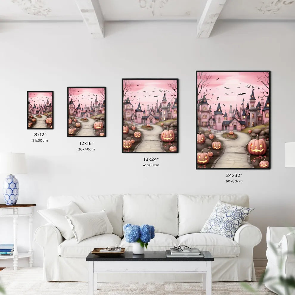 Pink Castle With Pumpkins And Bats Art Print Interior Design