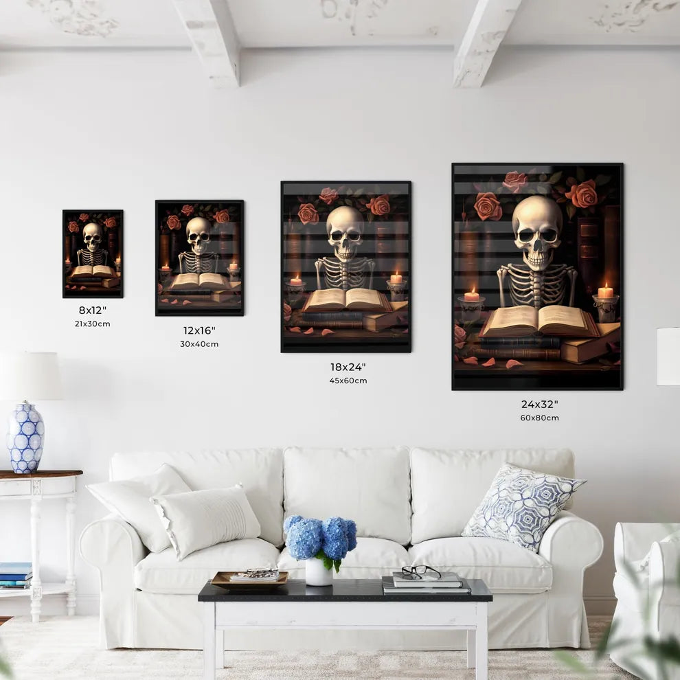 Skeleton Sitting In Front Of A Book And Cand Wall Art