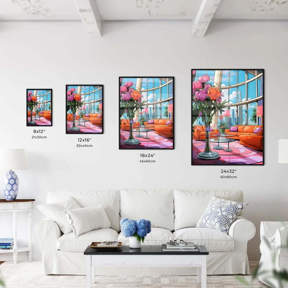 Living Room With Orange Couches And Flowers Wall Art