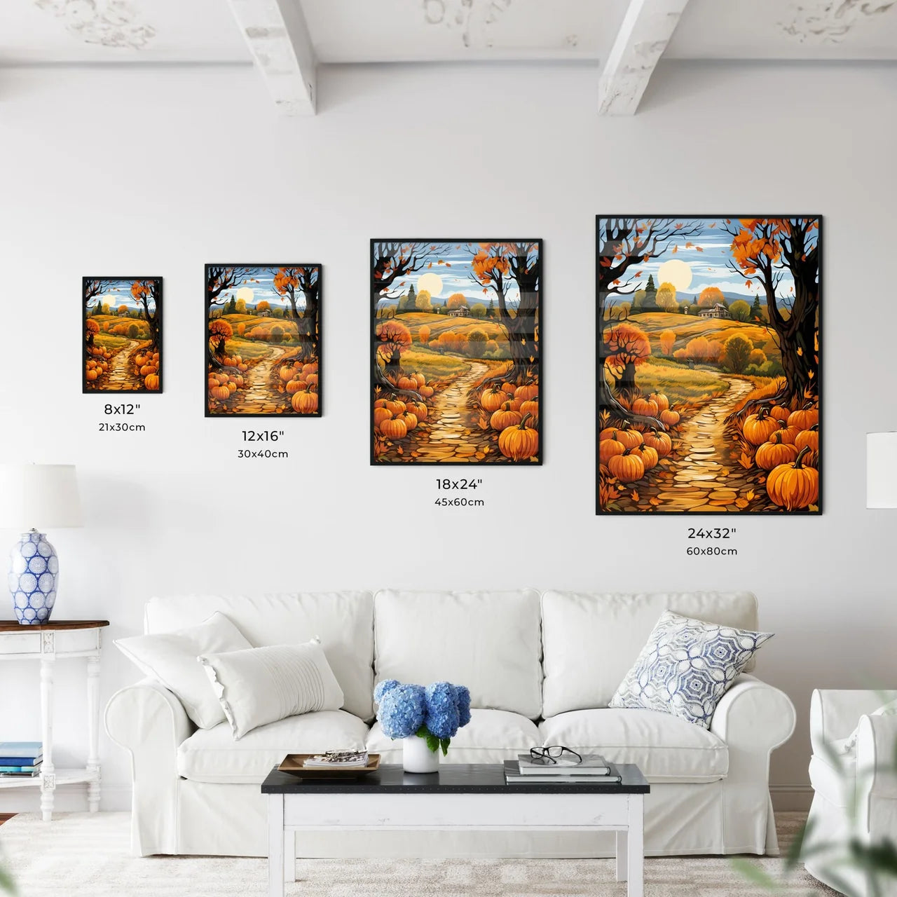 Painting Of A Path With Pumpkins And Trees A Wall Art