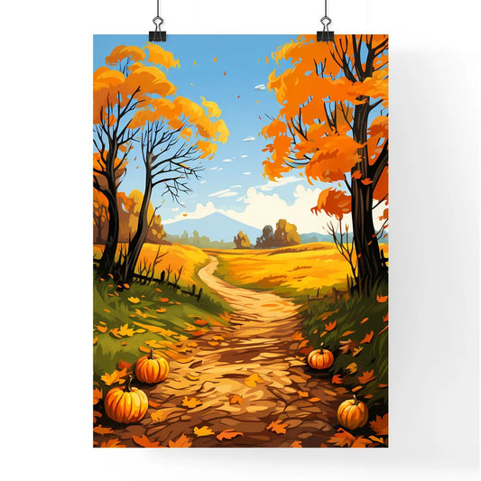 Painting Of A Path With Pumpkins And Trees A Poster