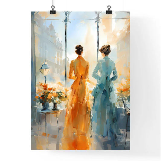 Two Women In Dresses Looking Out A Window Ar Poster