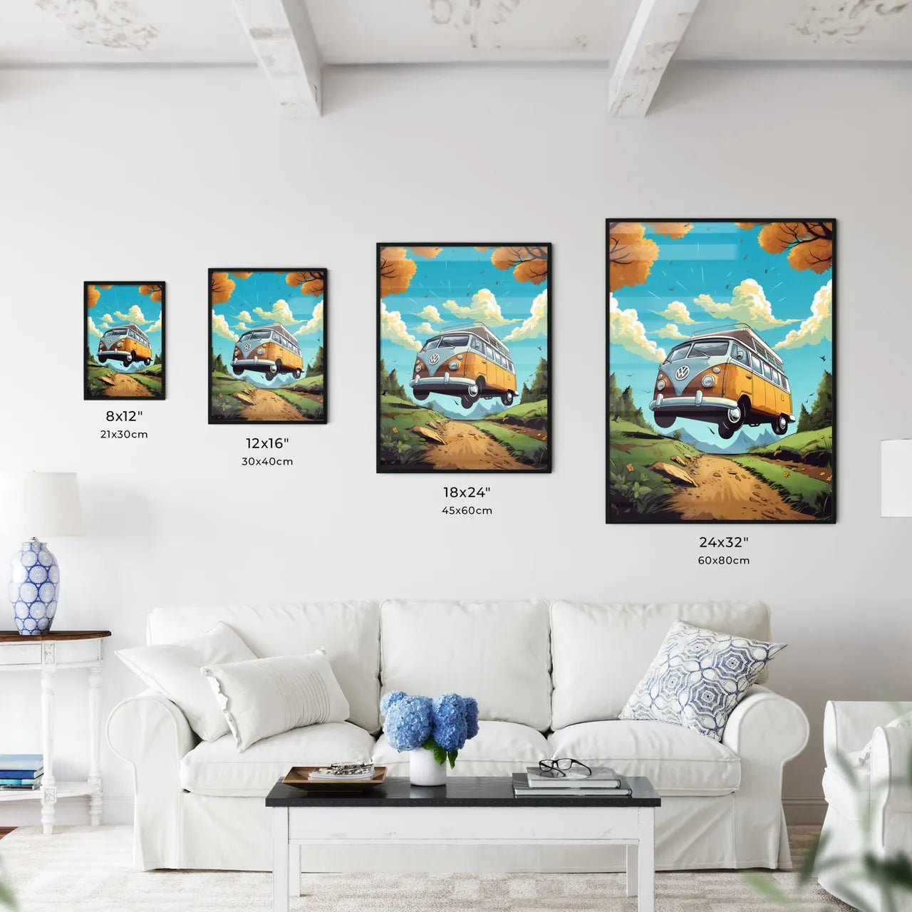 A Cartoon Van Flying Over A Dirt Road Art Pr Wall Art