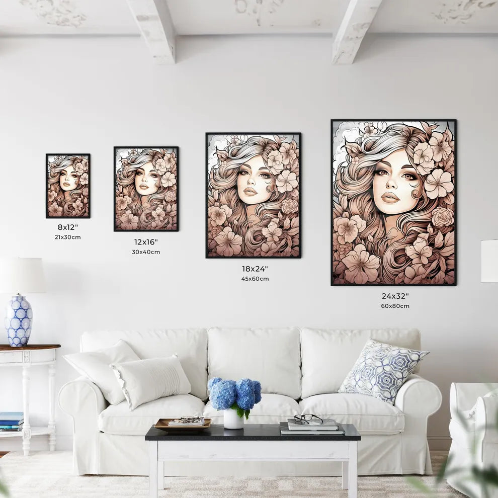 Woman With Long Hair And Flowers Art Prin Wall Art