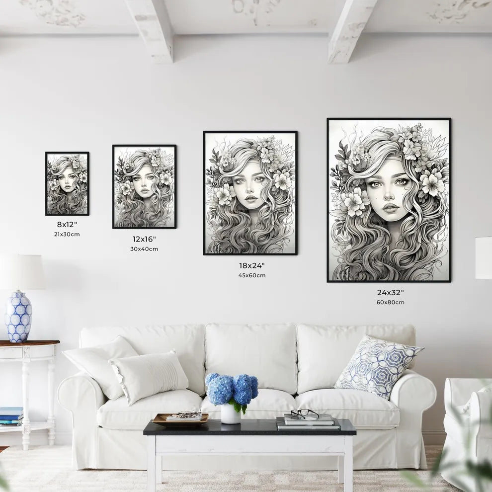 Drawing Of A Woman With Flowers In Her Hair Wall Art