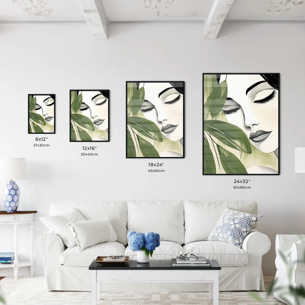 Woman With Eyes Closed And Green Leaves Art Wall Art