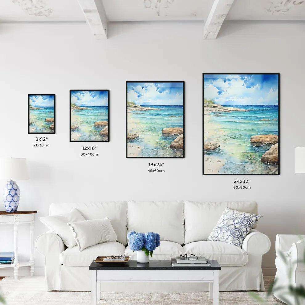 Water Painting Of A Beach With Rocks And Blu Wall Art
