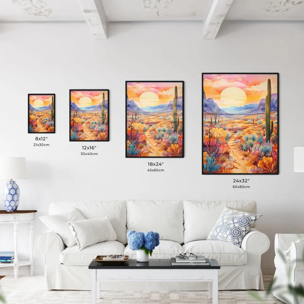 Painting Of A Desert Landscape With Cactus A Wall Art