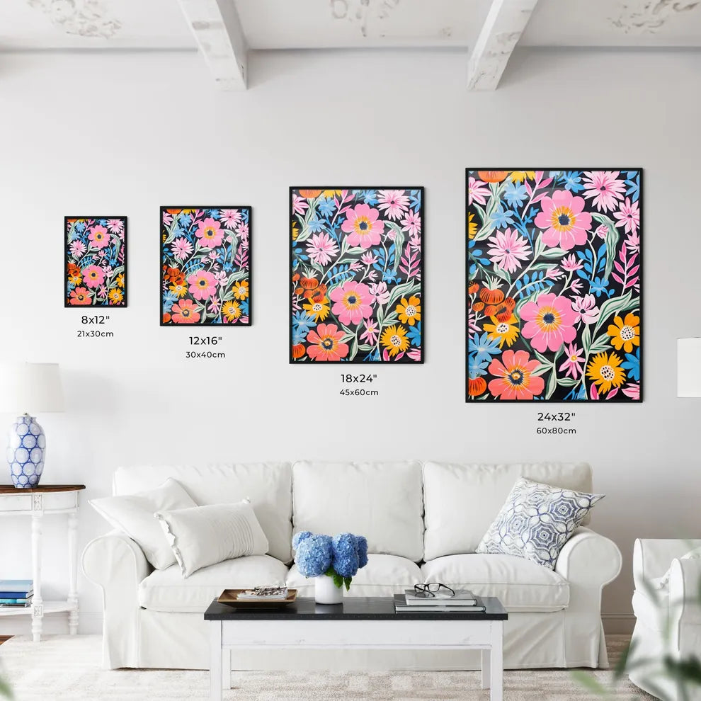 Colorful Floral Pattern On A Black Backgroun Wall Art