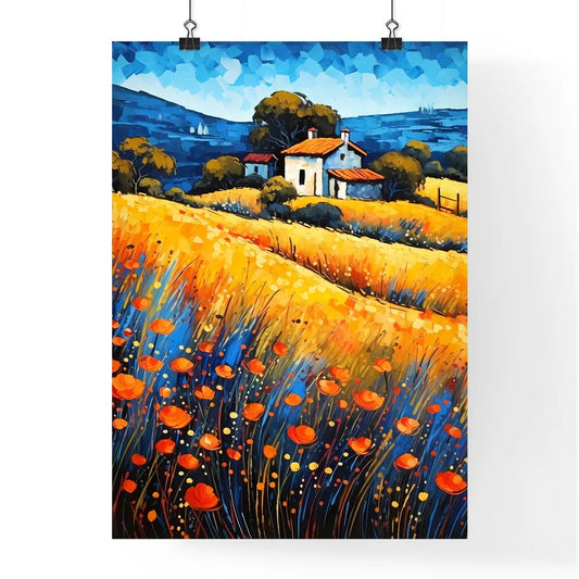 Painting Of A House In A Field Of Flowers Ar Poster