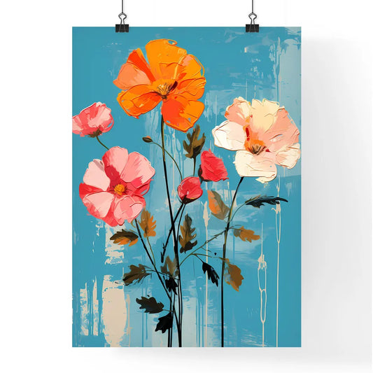 Painting Of Flowers On A Blue Background Art Poster