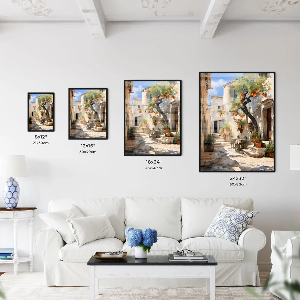 Courtyard With A Tree And Chairs Art Print Interior Design