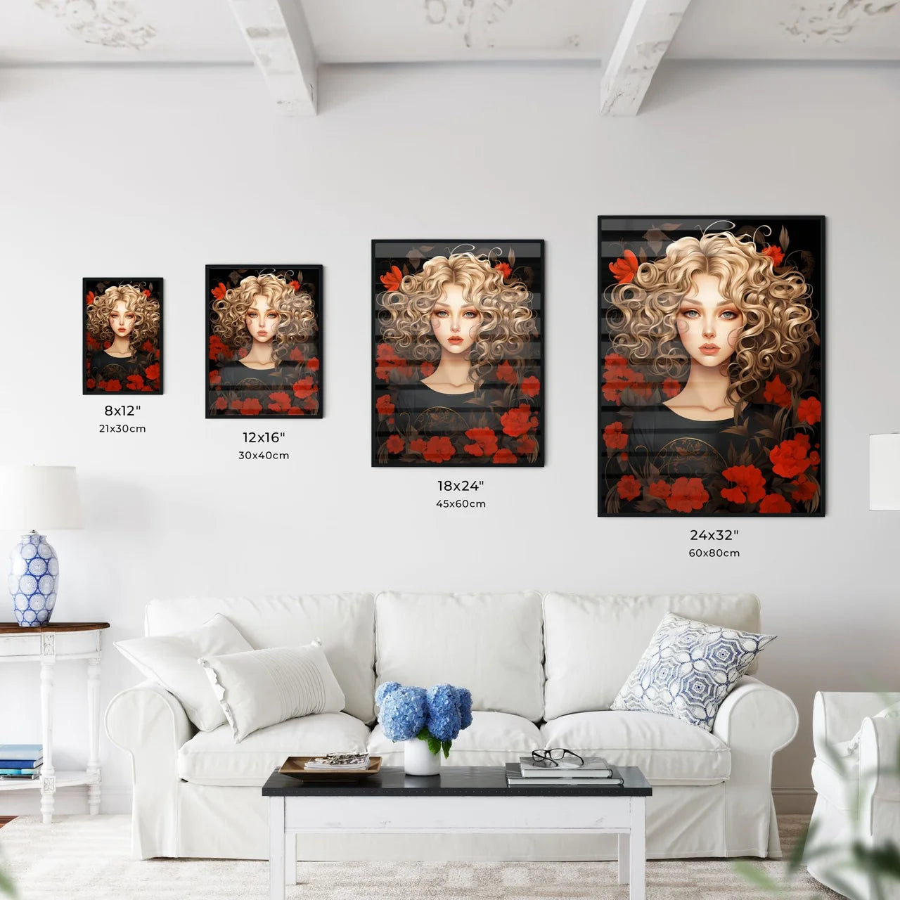 Woman With Curly Blonde Hair And Red Flowers Wall Art