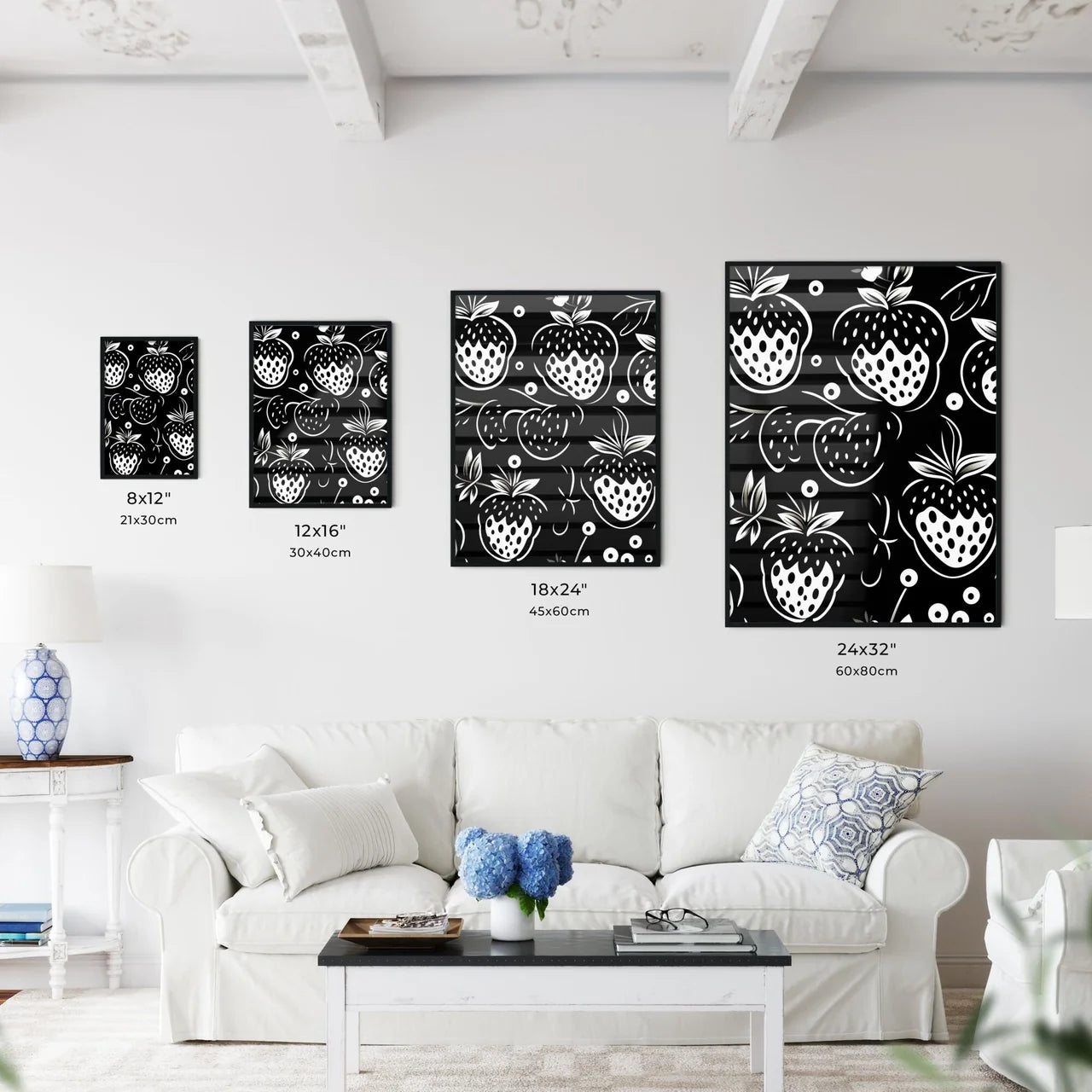Black And White Pattern Of Strawberries Art Wall Art