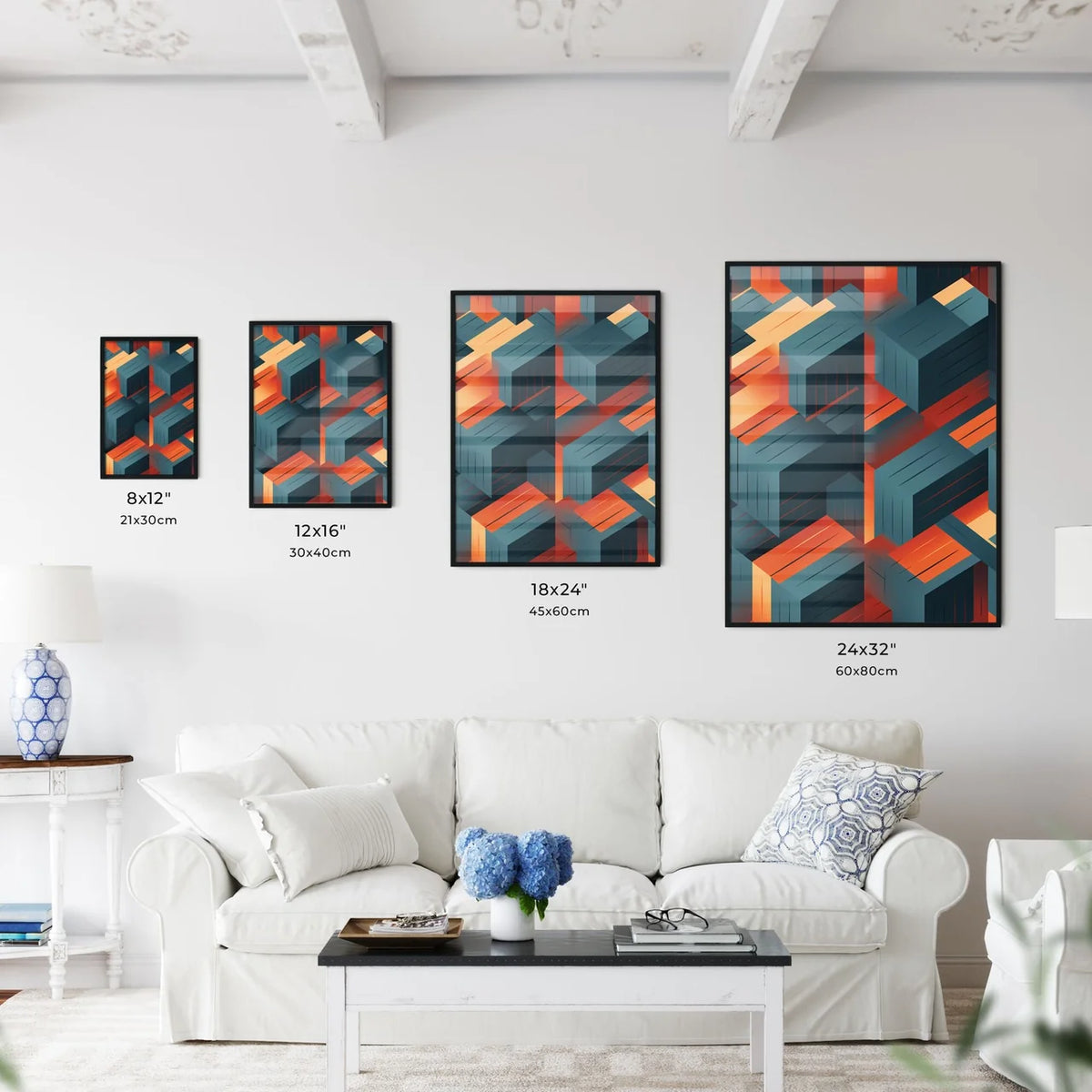 Pattern Of Cubes With Orange And Blue Lines Wall Art