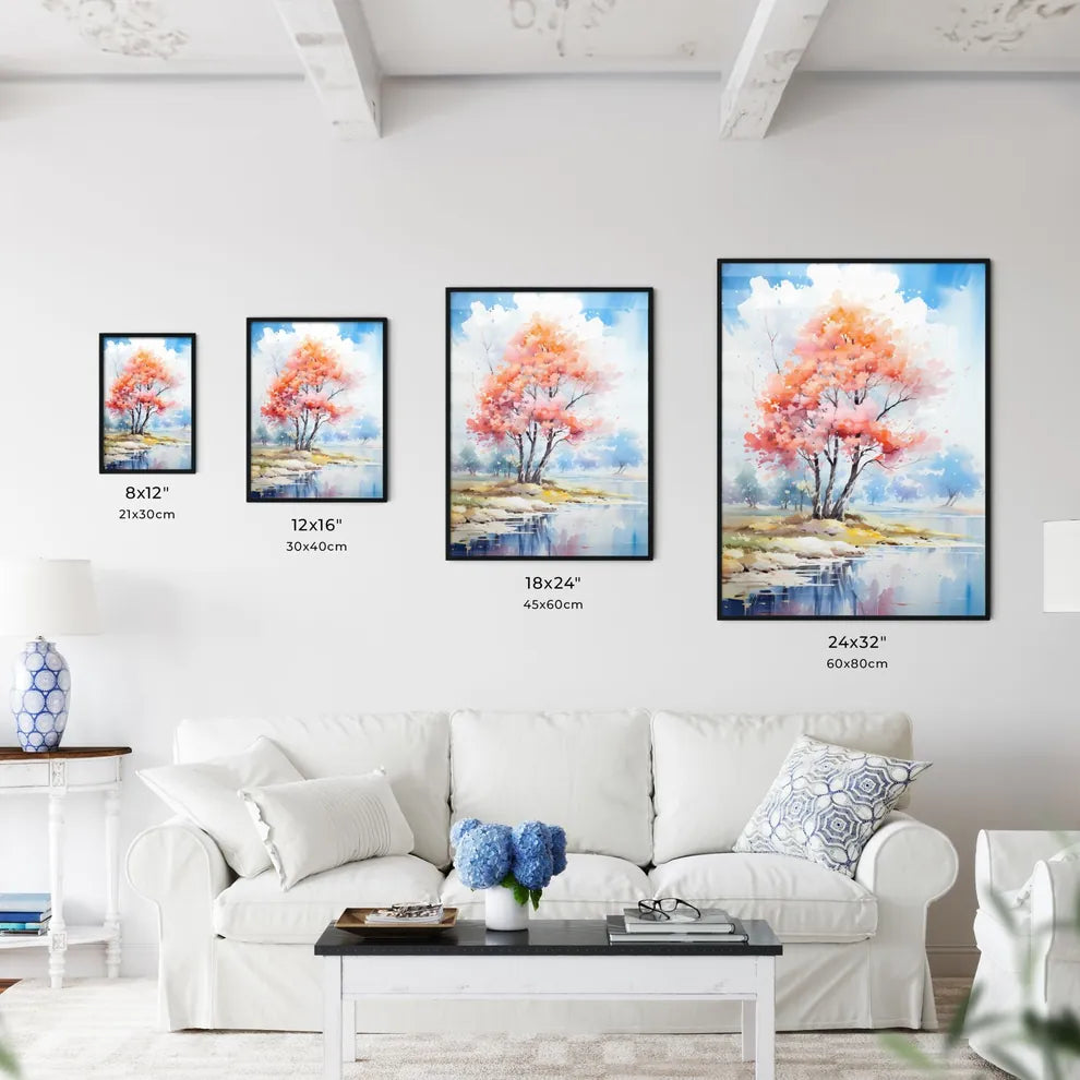 Watercolor Painting Of A Tree With Pink And Wall Art