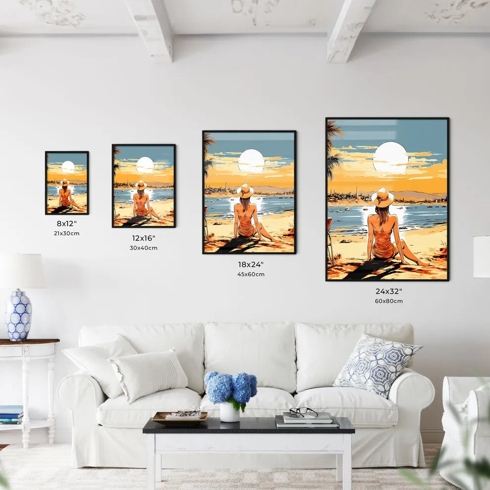 Woman Sitting On A Beach Looking At The Sun Wall Art