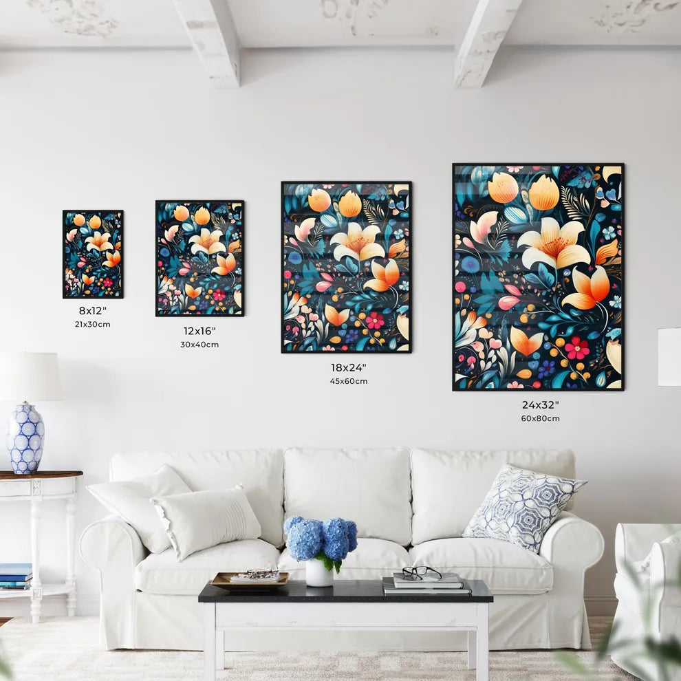 A Colorful Floral Pattern On A Black Backgro Wall Art