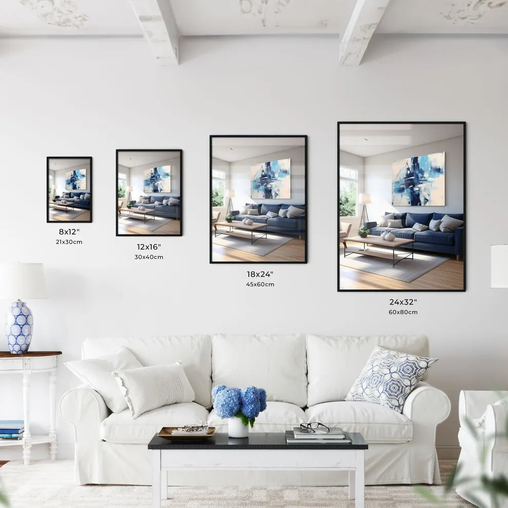 A Living Room With A Blue Couch And A Painti Wall Art