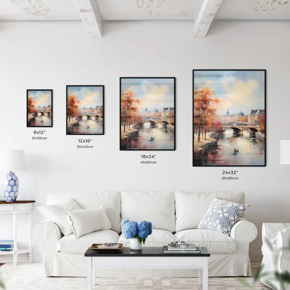 A Painting Of A River With A Bridge And Trees Interior Design