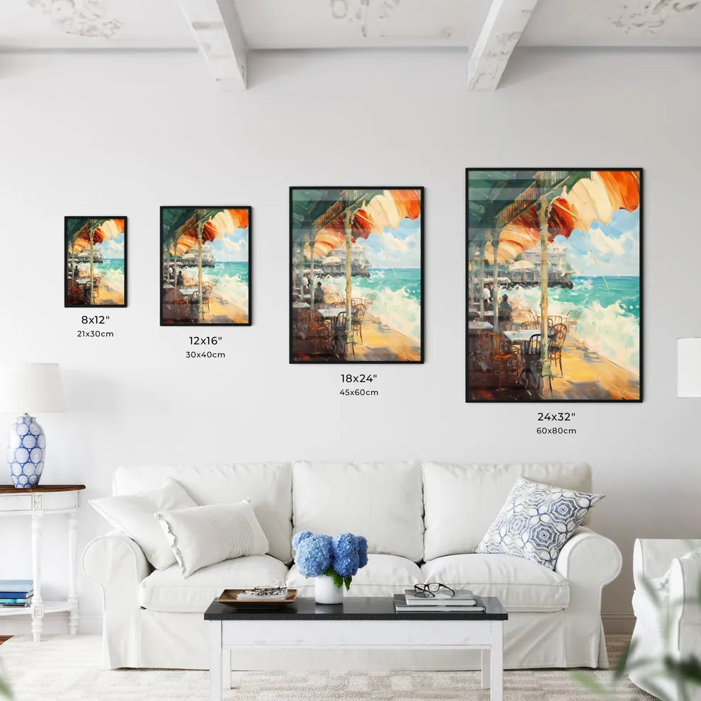 A Restaurant With Tables And Chairs On A Bea Wall Art