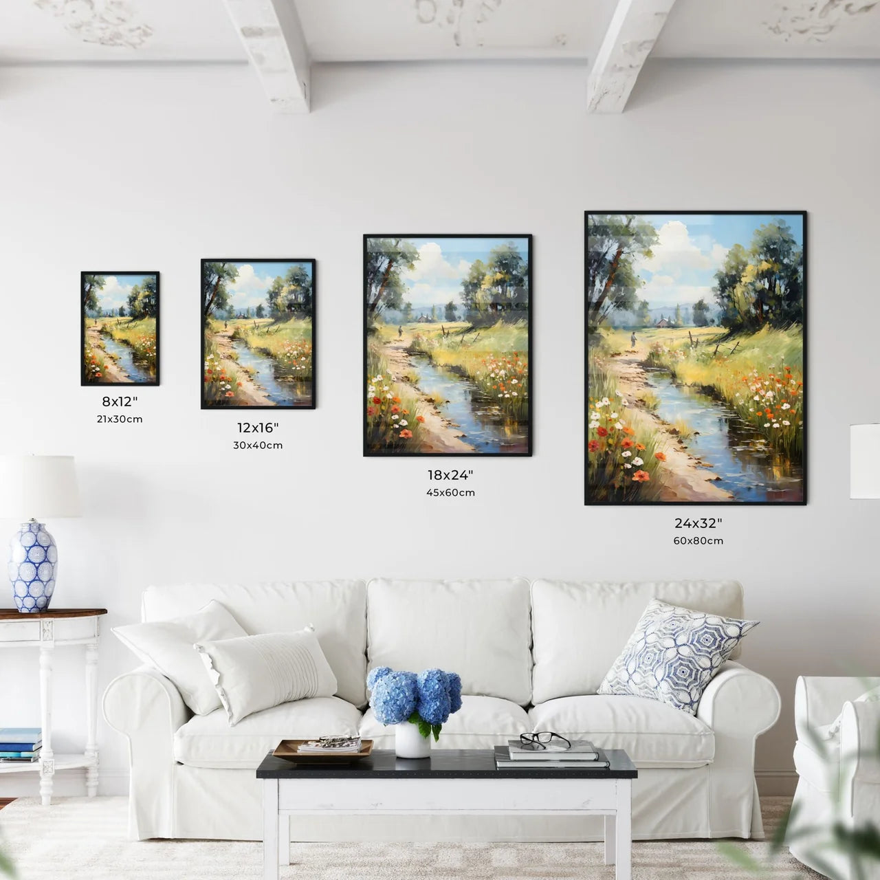 A Stream Of Water With Flowers And A Person Wall Art
