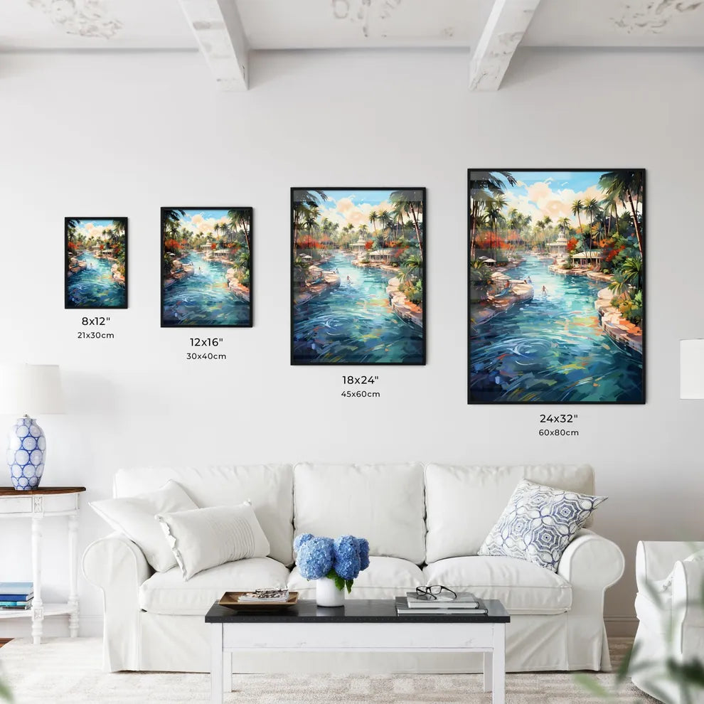A Water Way With Palm Trees And People Swimm Wall Art