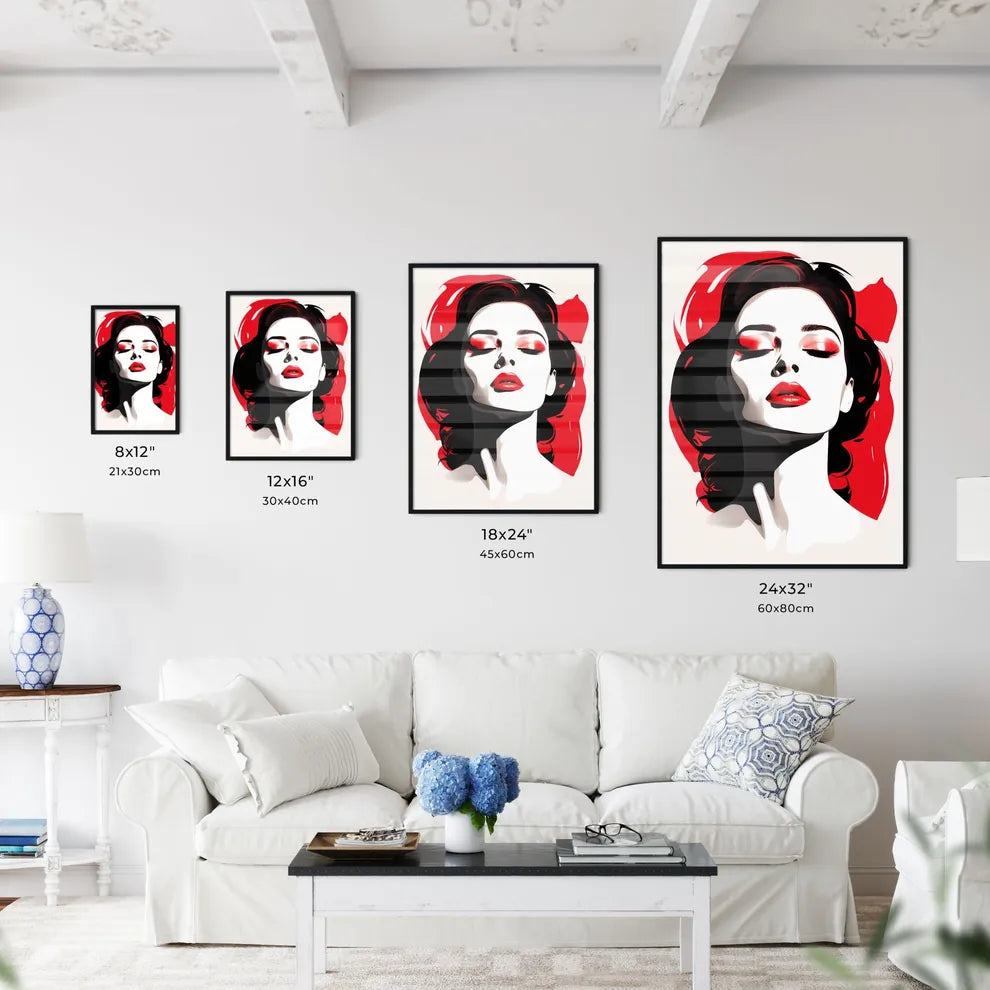 A Woman With Red Lips And Black Hai Wall Art