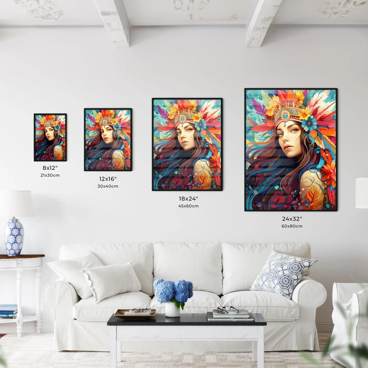 Festive - A Woman With Colorful Feathers And Wall Art