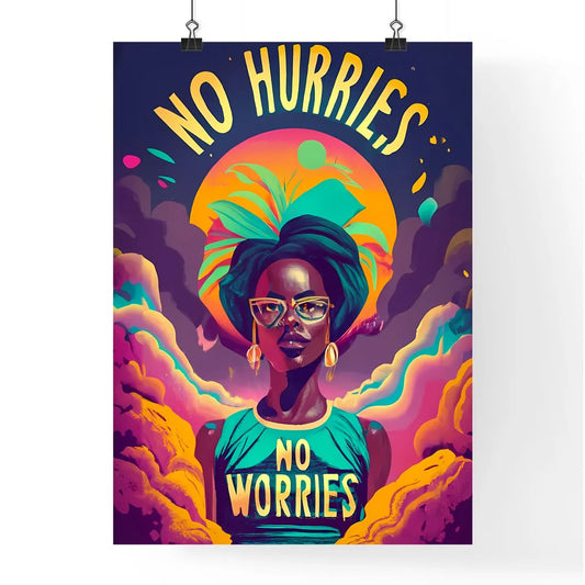 No Worries - A Woman With Glasses And A Blue Poster
