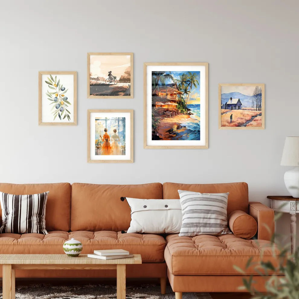 Art Summer Tropical Beach Wine Bar - A Building On A Beach With Palm Trees And A Sunset Interior Design