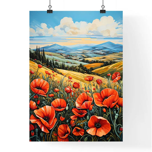 Red Poppies In Front Of Landscape View - A P Poster