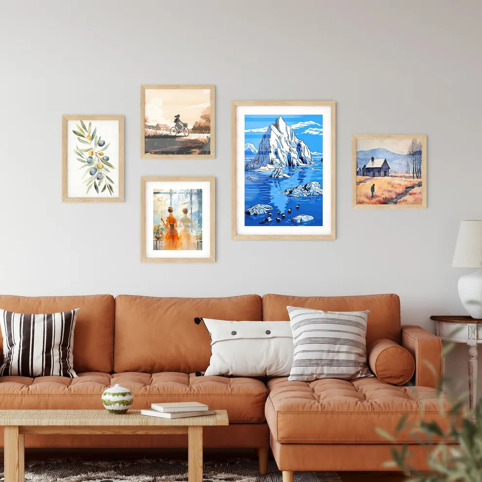 Group Of Penguins With A Blue Iceberg Bay Art Print