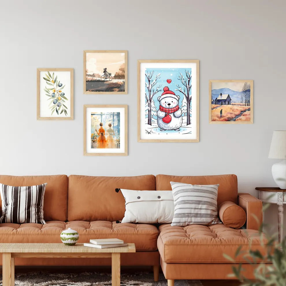 Merry Christmas Card With A Cute Bear Huging A Heart Framed Print