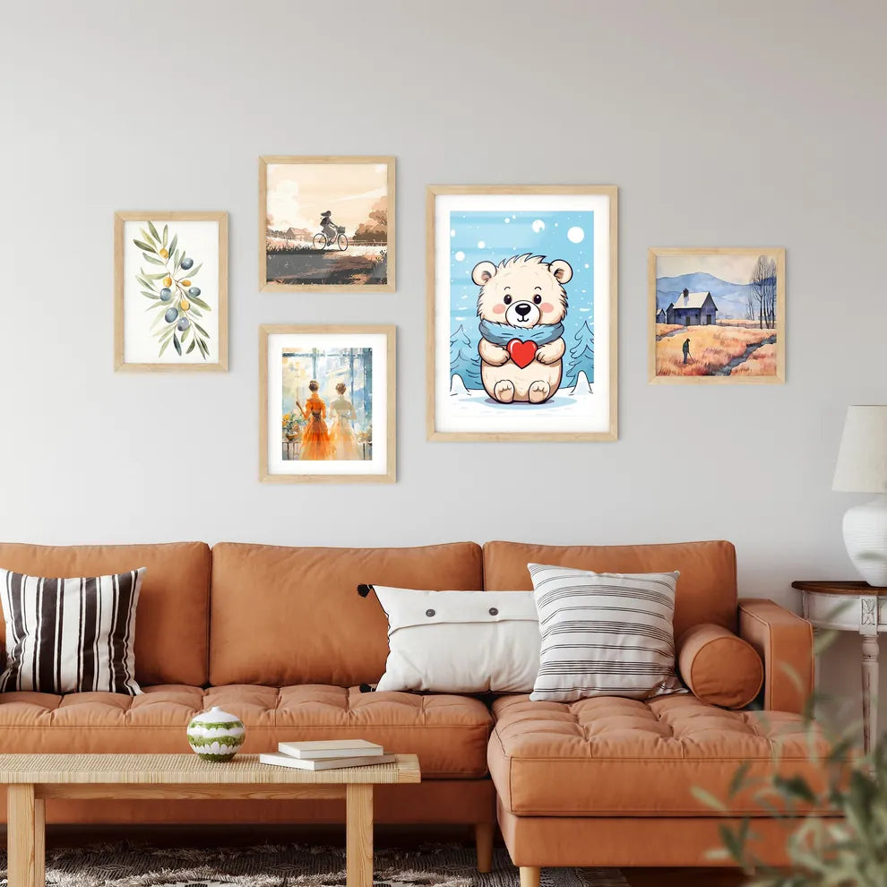 Merry Christmas Card With A Cute Bear Huging A Heart Art Print