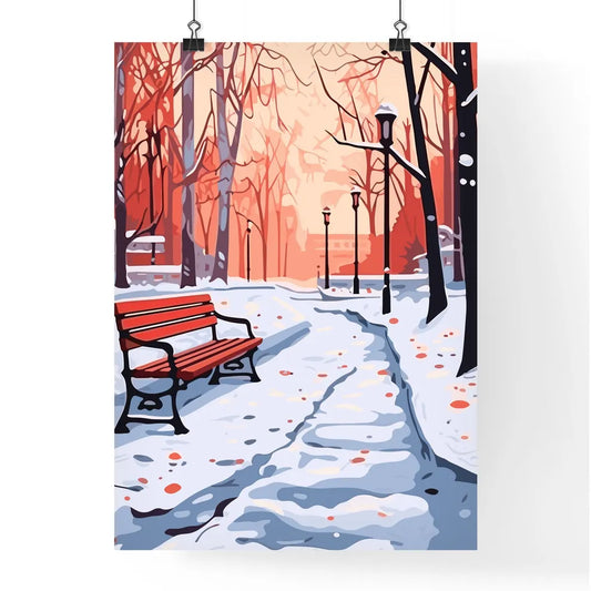 Red Benches In The Fog In Winter Poster - A Poster