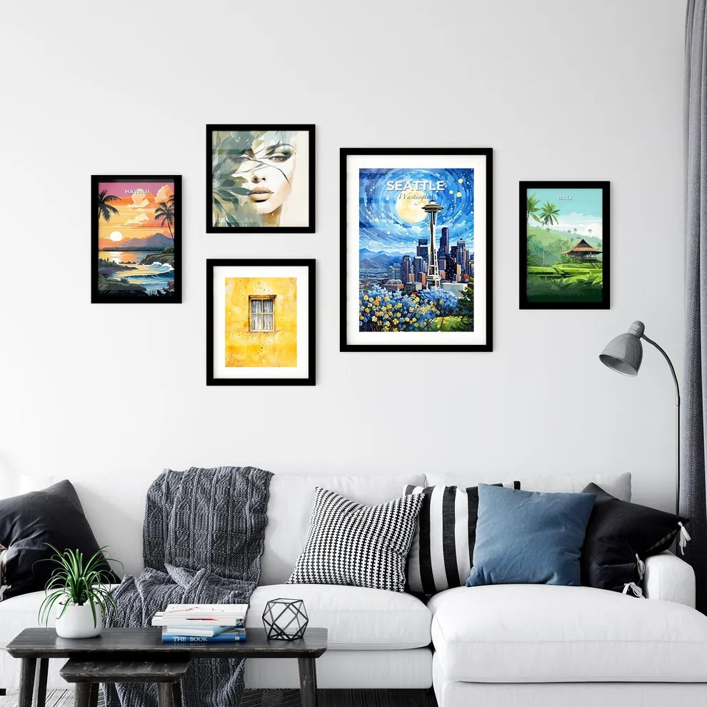 Seattle Washington Skyline - A Painting Of A City With A Tall Tower And A Full Moon - Customizable Travel Gift Default Title